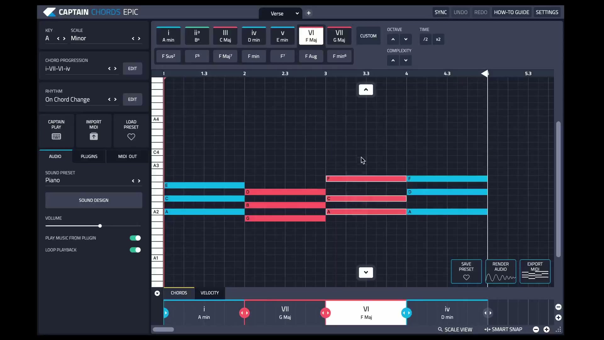 Captain Chords in Captain Plugins 8, showing A minor and a chord progression on the canvas
